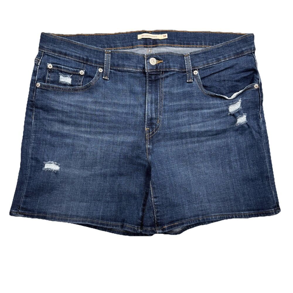 Levis Mid Length Shorts Womens Plus 34 Measures W38 Mid Rise Distressed Stretch